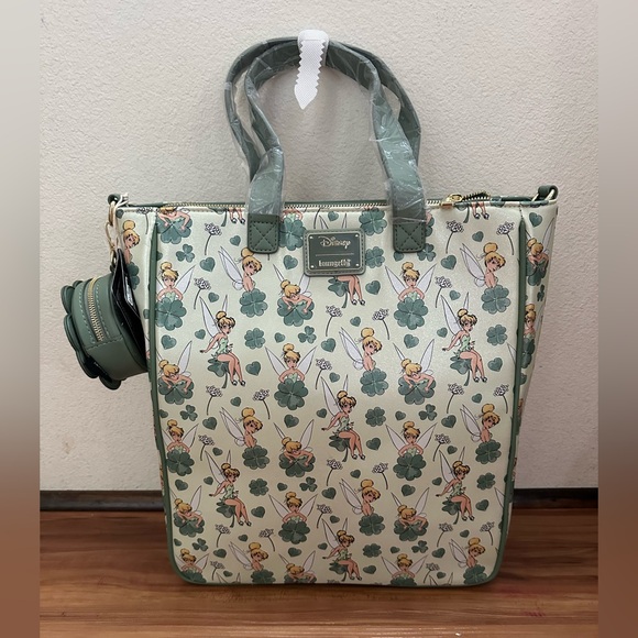 NWT Loungefly Disney Peter Pan TinkerBell Clover Patterned Tote crossbody bag - Picture 4 of 6